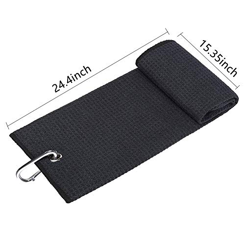 2 Pack Golf Towels, Black Microfiber Waffle Pattern Tri-Fold Golf Club Ball Cleaning Towel For Golf Bags With Clip Men Women Golf Gifts