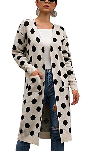 BTFBM Women Fashion Polka Dot Print Long Sleeve Open Front Warm Long-Length Knitted Sweater Cardigan Knitwear with Pockets (White, Medium)