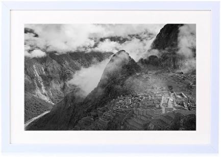 The Great Machu Pichu - Art Print White Wood Framed Wall Art Picture Black and White 16x12 inches Framed