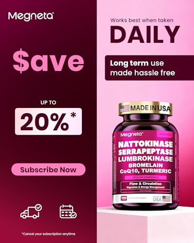MEGNETA Nattokinase Supplement 12,000 FU (Max Strength) Serrapeptase 360,000 sPU, Lumbrokinase 10,000 FUV & CoQ10 -Systemic Enzymes Complex for Cardiovascular & Circulatory Health Support-100 Capsule