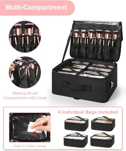 Relavel XXL Professional Makeup Case with Brush Holder, 4 Clear Pockets, Lipstick Tray, Shoulder Strap and Adjustable Compartments for Makeup Artists