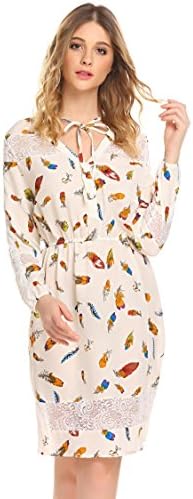 Dethler Women's Boho Floral Print Chiffon Cocktail Dress Long Sleeve V-Neck Casual Loose Fit