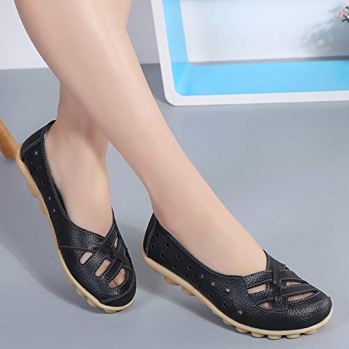 Women's Soft Flat Shoes,Breathable Walking Leather Loafers Round Toe Driving Shoes Slip On Sneakers Office Work Shoes (Black, US:7)