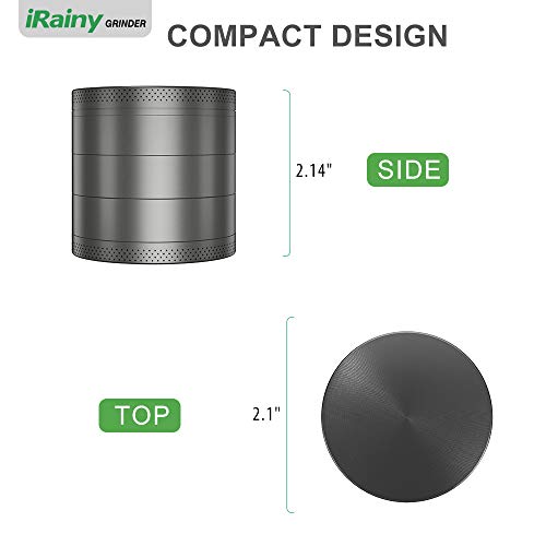 iRainy [5 Piece] Spice Herb Grinder with Pollen Catcher, 2.1 Inch, Metal Black (Grey)