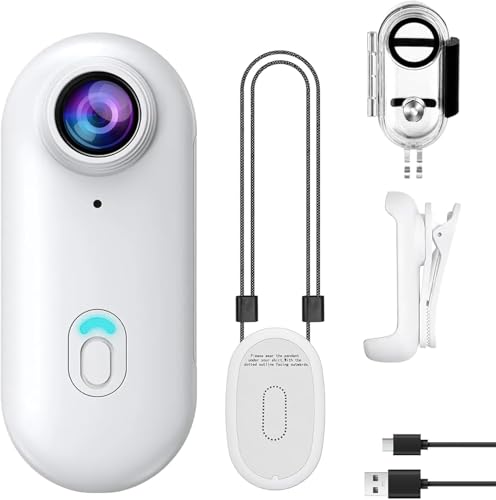 OBEST Cámara de Acción Inalámbrica Portátil 1080P, Cámara para Collar para Mascotas, Cámara Deportiva, Bodycam para Moto Gran Angular 120° para Deportes Al Aire, Blanco