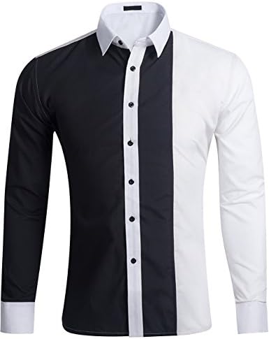 KIMIST Men's Casual Dress Contrast Color Button Down Long Sleeve Shirts (Large, Black White)