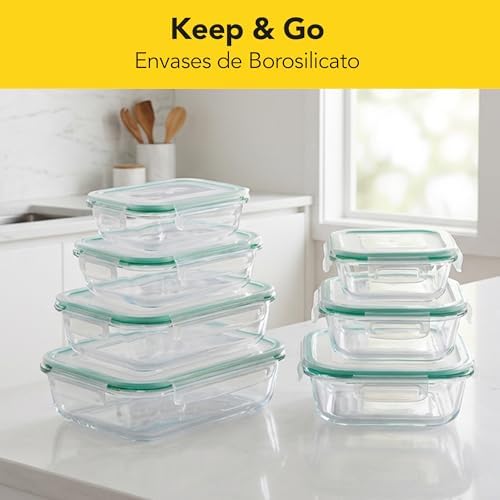 - Recipiente hermético, 800 ML, vidro borosilicato. Livre de BPA. Adequado para congelador, forno, micro-ondas e máquina de lavar loiça.