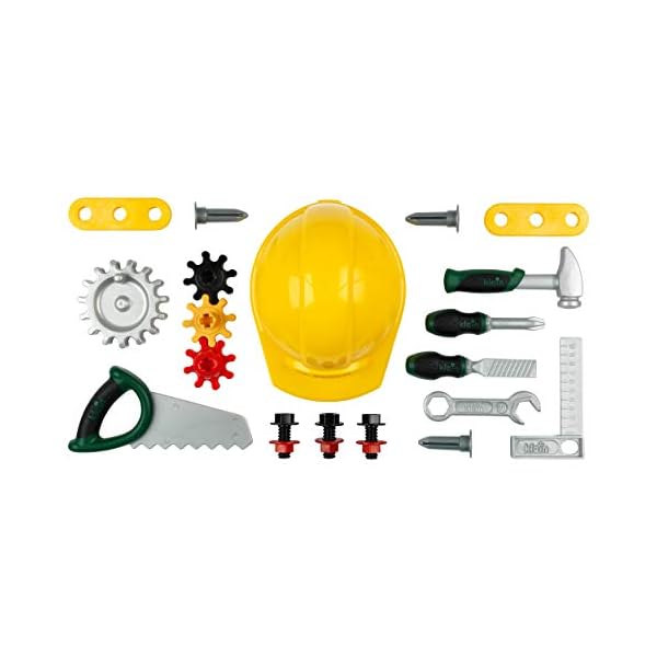 Theo Klein 8612 Bosch Werkbank Junior 2+ | Inkl. Helm, Schraubstock, Werkzeugen, Latten, Nägel, Schrauben und Muttern | Maße: 49 cm x 29 cm x 71 cm | Spielzeug für Kinder ab 2 Jahren – Bild 4