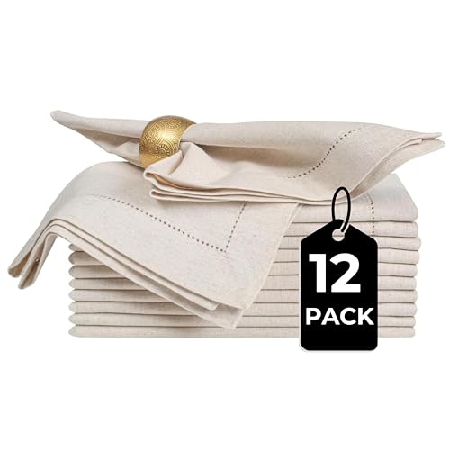 BEDDING CRAFT Set of 12 Linen Flax Cotton Cloth Dinner Napkin with Hemstitched 20x20 Natural, Mitered Corners -Perfect for Wedding, Dinner, Parties and Table Decorations
