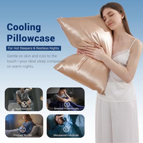 Marchpower Cooling Pillow Case, Arc-chill 2 Pack Q-Max 0.5 Cool Pillowcases for Hot Sleepers, Silk Pillowcase Breathable & Anti-Static Hair Care, Stain Pillow Cover with Zipper - 50X75cm, Champagne