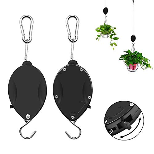 Sunnayc Retractable Plant Pulley, Adjustable Plant Hanger Hook with Locking Mechanism for Hanging Plants, Garden Flower Baskets, Pots and Bird Feeders, Lower and Raise in Different Height, Black (2)