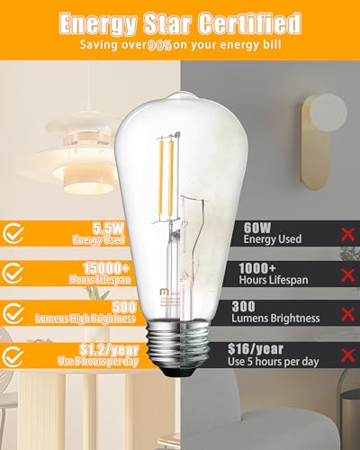 Mastery Mart Dimmable Vintage Edison Light Bulbs, Pack of 10, 2700K Soft White, 5.5W, Equivalent 60W, E26 LED Bulb with 90+ CRI, ST19/ ST58 Clear Glass Antique Filament Edison Style