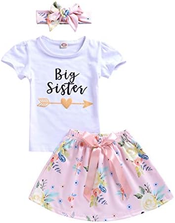 3Pcs Baby Girls Sister Summer Outfit Little Sister Romper Bodysuit Big Sister T-Shirt Top Floral Shorts Dress Clothes Set