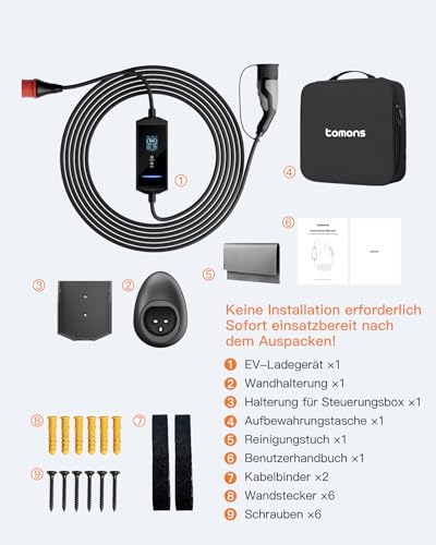 tomons Mobile Wallbox 11 kW with App, Type 2 Charging Cable 7M, 3-Phase 6-16 A 400 V CEE Plug, 2.4 Inch LCD, IP65, Adjustable Charging Power and Start Time, for E Car ID.3/4/5/7, Model Y/3, ENYAQ and