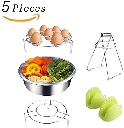 Instant Pot Accessories Steamer Basket Rack Set Includes Egg Steamer Rack Trivet, Steamer Rack, Bowl Dish Clip and 1 Pair Silicone Mitts Fits Instant Pot 5,6,8 quart Pressure Cooker,5 Pcs Set