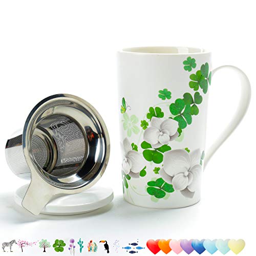 TEANAGOO M58-4 Tea Mug with Infuser and Lid, 18 OZ, Lucky Clover, Travel Teaware with Filter, Tea Cup Steeper Maker, Brewing Strainer for Loose Leaf Tea,Diffuser mug set for Tea Lover Gift