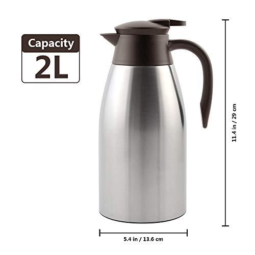 TOMAKEIT Stainless Steel Coffee Thermal Carafe - 2 Litre Double Walled Insulated Vacuum Flask - 24 Hour Heat Retention 68 Oz for Coffee or Tea(Sliver)