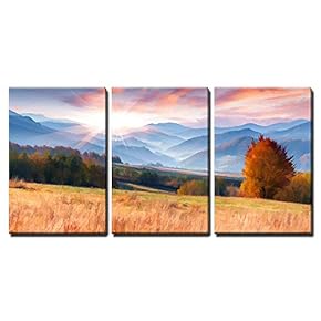 3 Piece Canvas Wall Art - Digital Artwork in Watercolor Painting Style. Colorful Autumn Morning in The Mountains - Modern Home Art Stretched and Framed Ready to Hang - 16"x24"x3 Panels