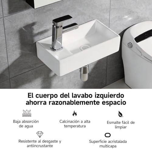 Lavabo de Baño Suspendido de Cerámica Blanca, Medidas 41.5×29×10cm, Diseño Moderno, Ahorra Espacio, Fácil de Instalar para Baño Doméstico