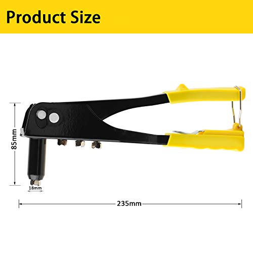 Toolwiz Heavy Duty Rivet Gun Steel Hand Riveter Kit for Sheet Metal Wooden Plastic Automotive and Duct Work w/4 Different Nozzles-2.4mm 3.2mm 4.0mm 4.8mm (3/32" 1/8", 5/32" & 3/16")