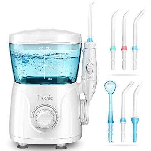iTeknic Water Dental Flosser Electric Oral Irrigator for Teeth Clean with 1m Imported Soft Hose, 600ml Capacity, 7 Multifunctional Jet Tips , 10 Stepless Water Pressure Flosser for Family, FDA Approved