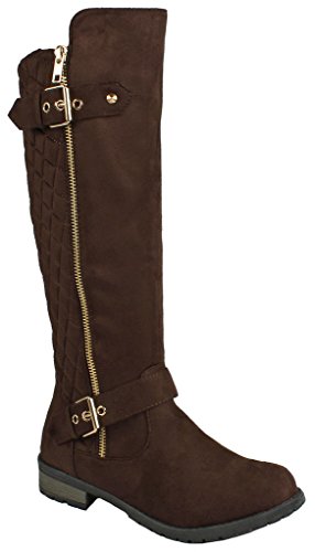 JJF Shoes Forever Mango-21 Women's Winkle Back Shaft Side Zip Knee High Flat Riding Boots Brown Nubuck 8