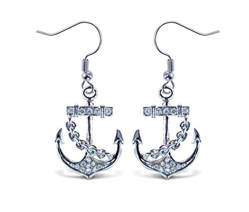 Puzzled Silver Ship Anchor Fish Hook Earrings, 1.5 Inch Fashionable & Elegant Jewelry Rhinestone Studded Earring for Casual Formal Attire Beach Nautical Themed Girls Teens Women Fashion Ear Accessory