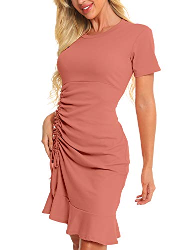 Zaprada Casual Pink Bodycon T Shirt Dresses for Women Summer Crew Neck Side Drawstring Ruched Ruffle Mini Dress