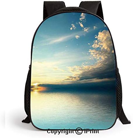 Panorama of Sea Sunset Sundown Reflection Horizon Dark Clouds Nature Picture Print Printed Kids School Backpack Cool Children Bookbag,Teal Aqua Blue