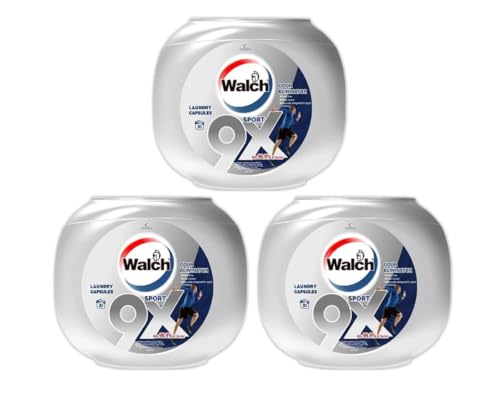 Walch Antibacterial Sport Laundry Detergent Capsules, German Formulated Plant-Based Ingredients, Removes Sweat and Odor, Kills 99.9% Germs and Stain Remover, 30 Pods, Pack of 3 X 30 (90 Capsules)