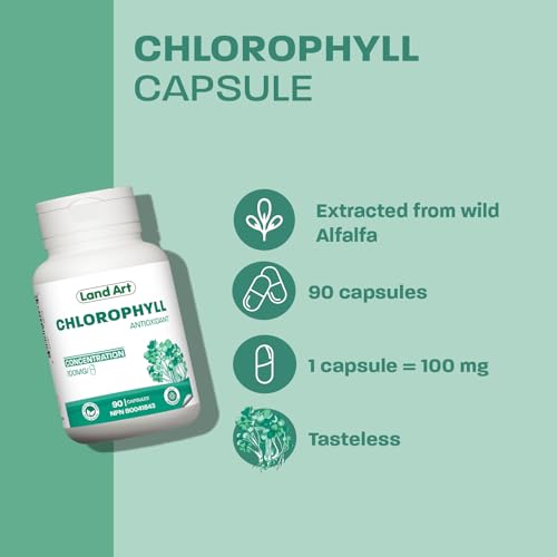 Chlorophyll Capsules - Cold Extracted from Non-GMO Alfalfa - Natural Detox - Alkaline - Natural Body Deodorant - Powerful Antioxidants Source - Made in Canada - Vegan - Non-GMO - 90 pills - 100 mg