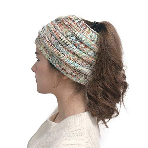 Winter Warm Wool Crochet Knit Hat Headgear,Crytech Women’s Ponytail Messy Bun BeanieTail Knitting Headband Fleece Lined Head Wrap Cap Soft Stretch Cable Knitted Ribbed Skull Hat for Girls (White)