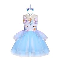 KABETY Baby Girl Unicorn Costume Pageant Flower Princess Party Dress with Headband (130cm, Blue)