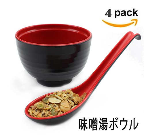 [Set of 4] Large Melamine Noodle Soup Bowls and Spoons (Red and Black) ~ We Pay Your Sales Tax