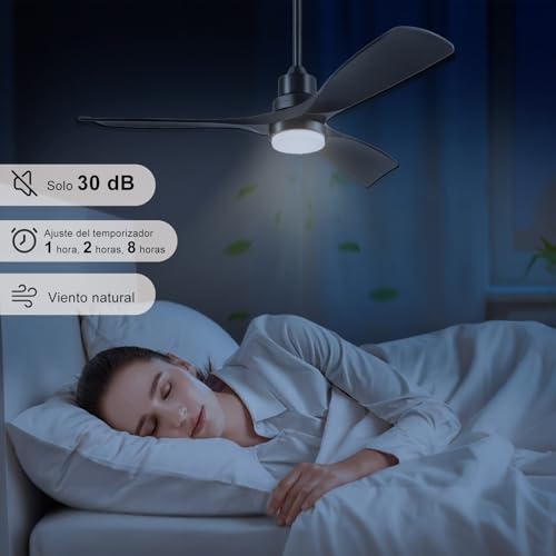 Ventilador de techo moderno de 42" con luz LED, 3 aspas ABS negras, control remoto, 5 velocidades, luz regulable, interiores y exteriores