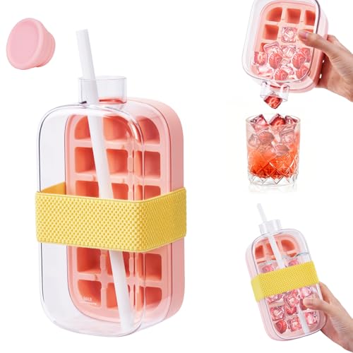 Ice Cube Bottle Tray with Lid, 2 in 1 Water Bottle Ice Cube with Straw, 2025 New One-Touch Ice Release & No Touching,Ice Cube Making Bottle for Freezer,Coffee, Juice,and Beverages (Pink 800ml)