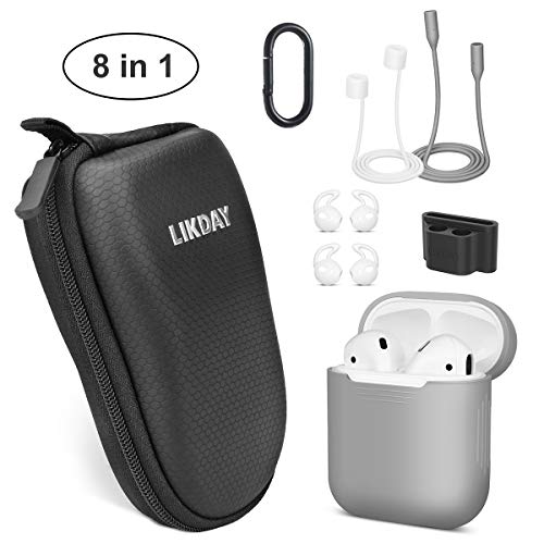 8 in 1 Airpods Accessories Set, Likday Silicone Case Cover Set for Apple Airpods with (Holder, Earhooks, Earphone Case, Strap,EVA Hard Shell Box, Carabiner) (Black Box & Gray Case)