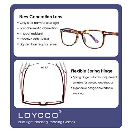 Loycco 4 Pack Computer Reading Glasses Blue Light Blocking Anti Eyestrain Flexible Lightweight Square Readers for Women Men 2.0