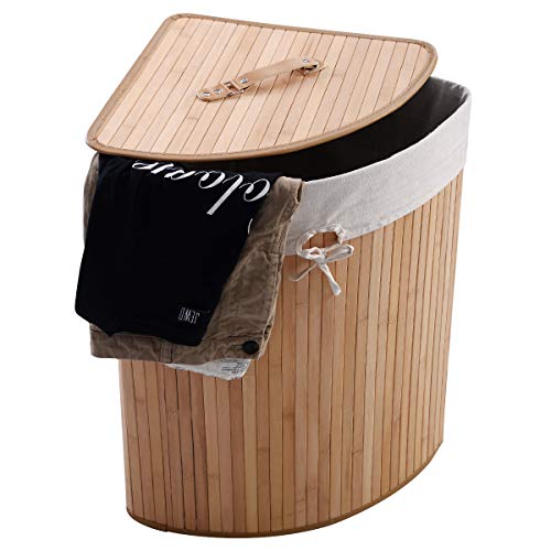 GOFLAME Corner Bamboo Laundry Hamper with Lid and Removable Liner