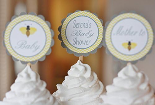 12 - Bee Mommy to Bee Yellow &amp; Grey Chevron Baby Shower Cupcake Toppers - Party Packages, Favor Tags, Banners, Door Signs Available