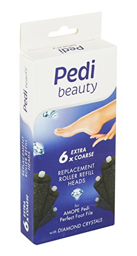 AMOPE Pedi Perfect Electronic Foot File Kit with Diamond Crystals with 6 Extra Replacement Roller Heads (6, Pink)