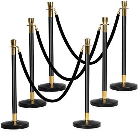 6Pcs Crowd Control Barrier Stanchion Posts Queue Pole w/Retractable 3 Velvet Ropes - Black Gold with Ebook