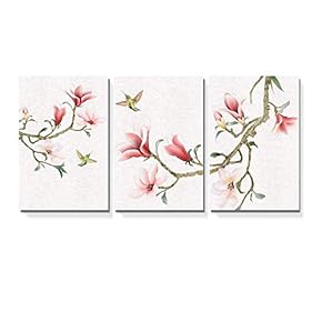 3 Panel Canvas Wall Art - Watercolor Painting Style Magnolia and Birds - Giclee Print Gallery Wrap Modern Home Art Ready to Hang - 16"x24" x 3 Panels