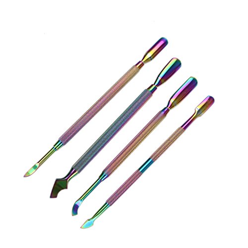 Buorsa 4pcs Rainbow Cuticle Pusher Stainless Steel Cuticle Remover and Cutter Manicure Nail Art Tool Set Professional Cuticle Nippers for Nail