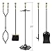 AMAGABELI GARDEN & HOME Fireplace Tools Set 5 Pieces Log Gold Handle Wrought Iron Fire Set with Stand Holder Fireset Fire Pit Indoor Outdoor Tongs Shovel Brush Poker Wood Stove Hearth Accessories