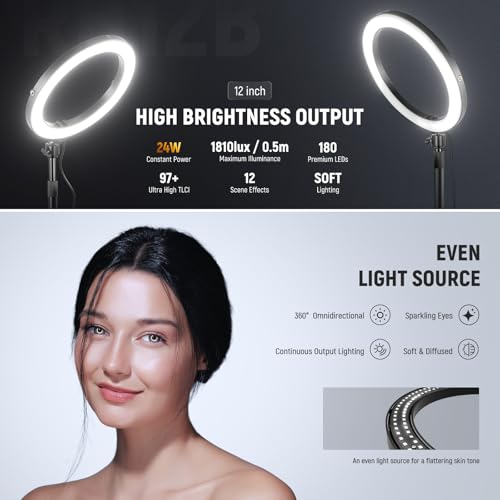 NEEWER 12" 24W High Power Desk Ring Light with Stand/Phone Holder, LED Selfie Video Conference Lighting for iPhone Streaming Makeup Vlog Recording Laptop Computer Webcam Zoom Call Podcast, RH12B