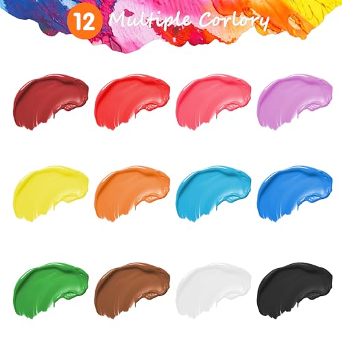 KINSPORY Acrylic Paint Set 12 x 60 ml - Water-Resistant, Assorted Colors for Beginners, Artists, Kids - Multi-Surface Art Supplies for Canvas, Wood, Rocks