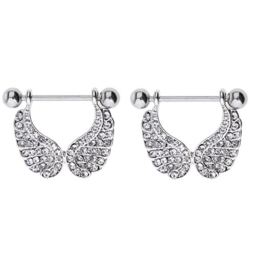 Dolity 1 Pair Stainless Steel Accent Angel Wings Nipple Shield 16g Full Crystal 16g - White - Thumbnail 3