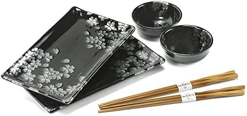 Cherry Blossom designed Sushi plate set: 2 rectangle plates, 2 sauce dishes, 2 bamboo chopsticks (BH94-B, BH94-W) (Black)