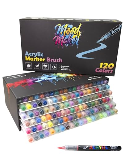 MOOD MAKER - 120 acrylic felt tip pens with brush tips, acrylic markers for drawing and colouring mystery, calligraphy, on paper and canvas, wood, stone, textile, metal, glass and ceramic DIY